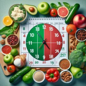 clock divided into two colors surrounded by healthy vegetables and fruits and herbs