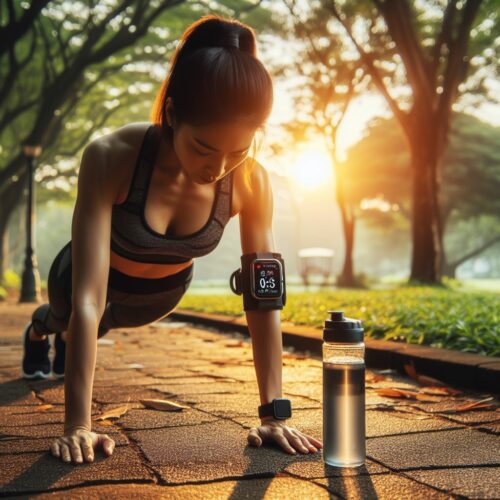 woman completing a push up with the rising sun in the background