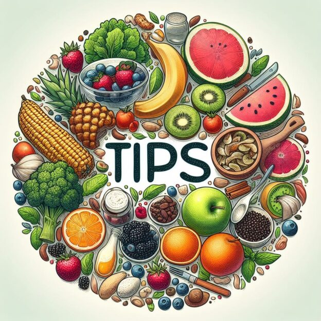 tips surrounded by healthy fruits and vegetables