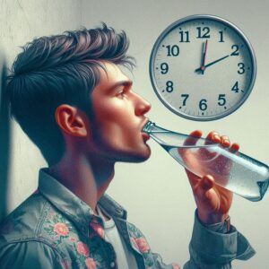 a person looking at a clock on the wall for intermittent fasting while simultaneously drinking from a bottle of sparkling water