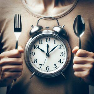 person holding a clock and utensils